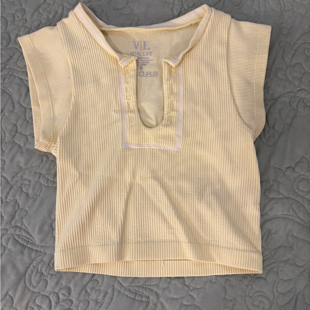 Light Beige Cropped Short Sleeve Tee with Henley Neckline